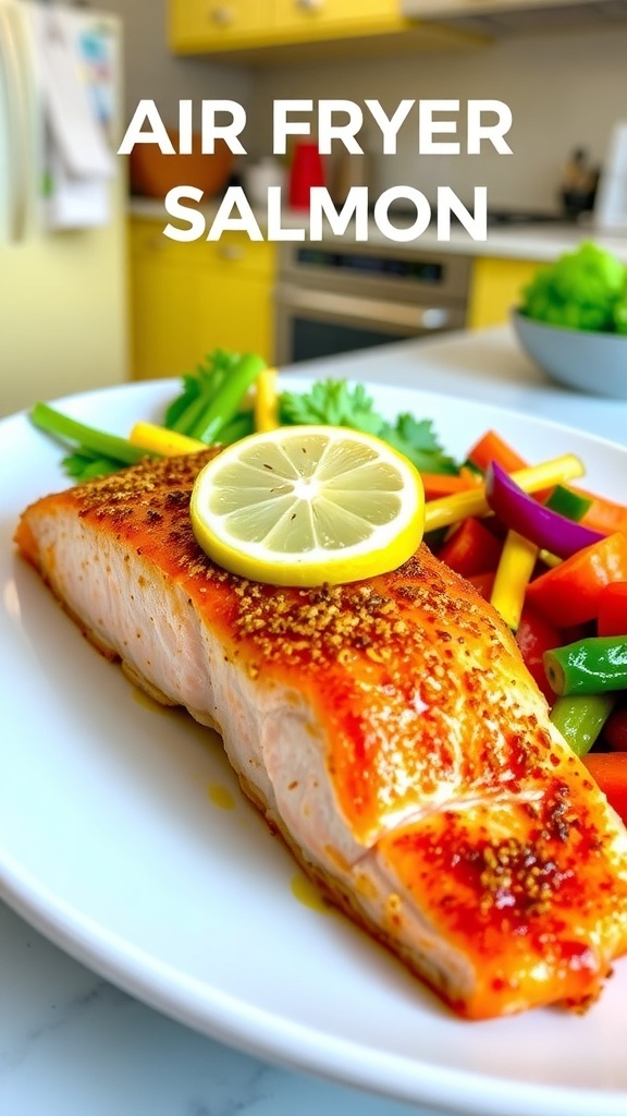 Kid-Friendly Air Fryer Salmon Recipe Crispy air fryer salmon fillet with lemon and steamed vegetables on a plate.